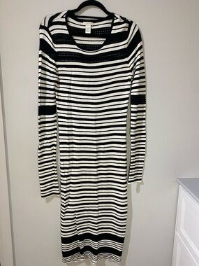 Cache Black and White Striped Long Sleeve Knit Maxi Dress